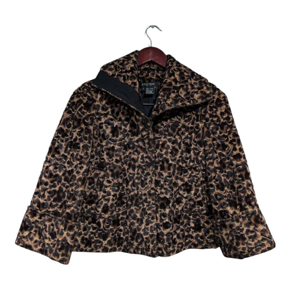 ETCETERA Brown Beige Leopard Faux Fur Textured Coat Button Down Women's Sz 2